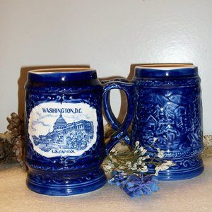 2 Vintage 1984 SILBERNE Washington DC Coffee Mugs Tea Cups 5" T 12 oz Blue White